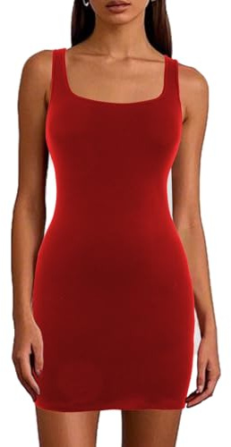 Joyshaper Robe col Carré Femme Élégant Robes Moulante Courte Robe Courte Caraco Bodycon Mini Dress Rouge XXL