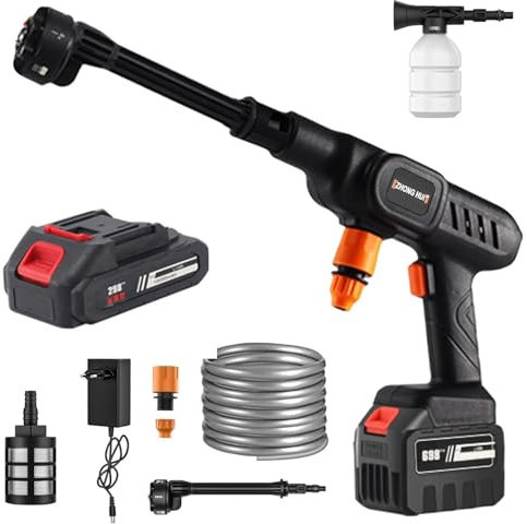 Idropulitrice a Batteria, 21V Max 60Bar Idropulitrice Portatile con Batteria, Idropulitrice ad Alta Pressione, Tubo 5M, Ugello 6 in 1, Bottiglia di Schiuma (con 1 batterie da 4000 mAh)