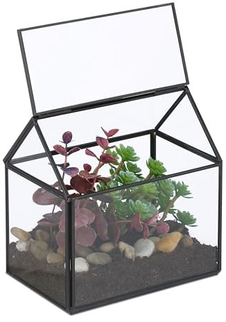 Relaxdays Terrario Piante, Mini Serra in Vetro e Rame, HLP 15x15x10 cm, Piantine Grasse e Muschi, Vaso Ecosistema, Nero