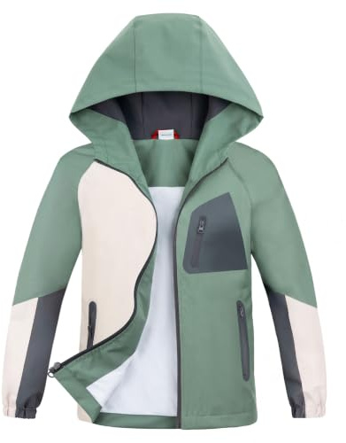ALXHUTE Veste de pluie mi-saison pour enfant, garçon, imperméable, légère, avec couleurs contrastées | Veste softshell à capuche légère avec couleurs contrastées, respirante, coupe-vent, réfléchissante, école, vie quotidienne