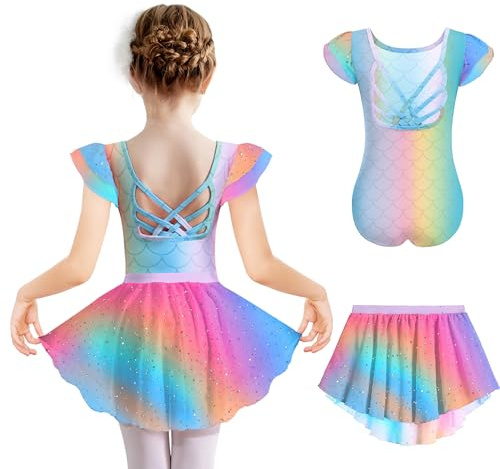 Arshiner Ropa De Ballet Niños Vestido Verano Sirena Maillot Ballet Manga Corta De Algodón para Niñas Traje Sin Espalda Maillot Baile con Falda Tutú 10-11 Años