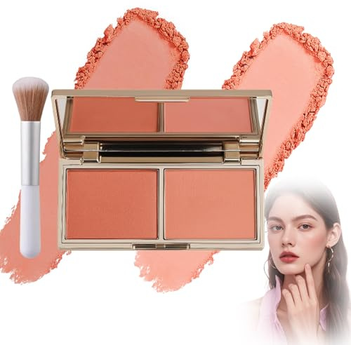 Peach Blush Palette with Dual-Ended Brush - 2-in-1 Soft Warm Matte & Shimmer Powder for Cheeks in Portable Gold Compact, Natural Flush & Radiant Glow for All Skin Tones, Blendable Formula