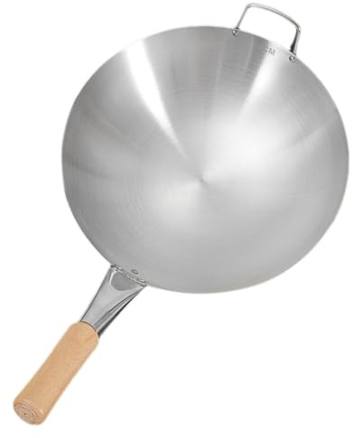 STOBAZA Wok Chinois 34 Cm Acier Inoxydable Poignée Bois Antiadhésif Polyvalent Cuisson Gaz et Induction la Cuisine Maison Professionnel