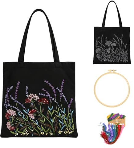 Kit Ricamo Adulti, Tote Bag da Ricamare, Borsa in Tela Kit Ricamo per Principianti, Kit Punto Croce Embroidery Kit, Borsa con Motivo Floreale, Set Ricamo con Telaio, Aghi, Fili e Istruzioni