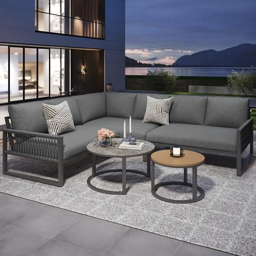 SACOOL Set lounge da giardino per 6-7 persone, set di mobili divano ad angolo con struttura in ferro zincato, gambe regolabili, inclusi tutti i cuscini per seduta e schienale, grigio