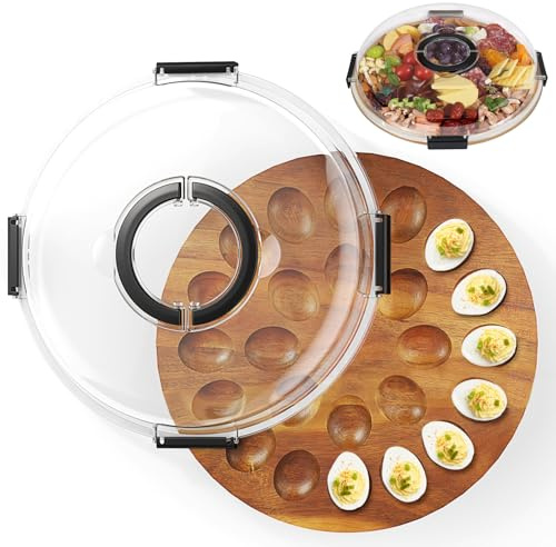 KINDLUME Bandeja para Huevos con Tapa, Bandeja para Huevos Rellenos, Bandeja con Compartimentos, Bandeja de Bambú, con 24 Ranuras, Tapa de Acrílico Transparente, Asa, para Aperitivos, Fiestas