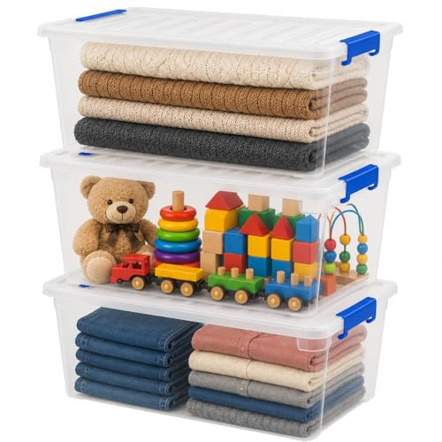 RelianceUK 3 X 50L Plastic Storage Box with Clip Lock Lids | Stackable Medium Storage Containers with Lids, Multipurpose Clear Strong Storage Boxes for Home Office Garage (50 Litre / 3 Pack)
