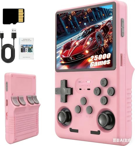 Upgrade Retro Konsole Handheld Spielkonsole, R36S Portable Handheld Video Games mit 21.000+ Klassischen Spielen, 3.5-Zoll-IPS-Bildschirm, Tragbarer Videospielkonsole Retro Handheld Konsole (Rosa)
