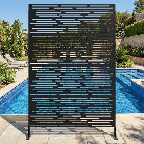 Sichtschutz Metall, Freistehender Paravent 180x120 cm, Wetterfester Sichtschutz Für Garten Terrasse Balkon Outdoor Deko, Raumteiler Mit Ständer, Verzinkter Stahl, Streifen Schwarz