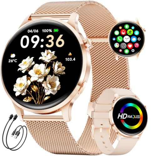 SUNKTA FV16 Thin Smart Watch for Women(Dial/Answer Call), 1.32 AMOLED HD Display, 100+ Sports Mode Fitness Tracker, IP68 Waterproof/Sleep Smartwatch, Ladies Smart Watches for Android iOS, Rose Gold