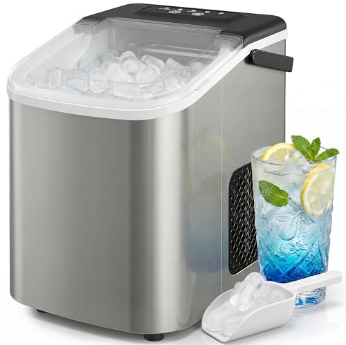 HOMCOM Ice Maker Machine Countertop, 9 Cubes Ready in 7 Mins, 12 KG in 24Hrs, 2 Sizes of Bullet, Self-Cleaning Ice Machine with Handle, Scoop & Basket for Home Kitchen Office RV, Stainless Steel