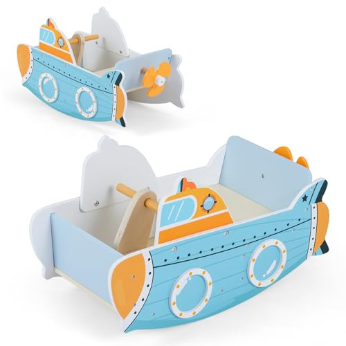 COSTWAY Barco Balancín para Niños, Juguete Balancín de Madera Montessori con Tema de Submarino y Hélice Giratoria, Barco Mecedora en Interiores