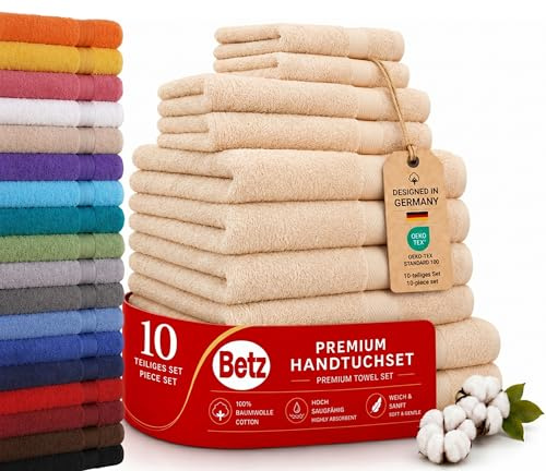 Betz Premium Classic Frottier Handtuch-Set 10-teilig - 2X Liegetücher - 4X Handtücher - 2X Gästetücher - 2X Seiftücher - beige