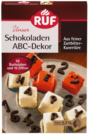 RUF Schokoladen ABC-Dekor, Zahlen und Buchstaben aus Zartbitter-Kuvertüre, zum Garnieren & Dekorieren von Torten & Kuchen, glutenfrei & vegan, 1 x 48g