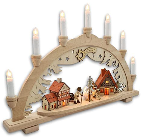 Wichtelstube-Kollektion XXL Schwibbogen Innenbeleuchtet Weihnachtsdorf Original Vogtland Souvenir Schwippbogen Lichterbogen Echtholz Weihnachtsdeko Fenster inkl. 230V Kabel
