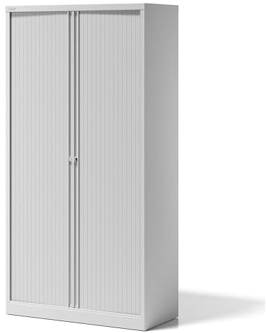 BISLEY Rollladenschrank Essentials mit 4 Fachböden für 5 Ordnerhöhen, Metall, Pww Rollladen/Korpus Verkehrsweiß, 47 x 100 x 198 cm | HxBxT 1970 x 1000 x 470 mm, 4 Fachböden, verkehrsweiß