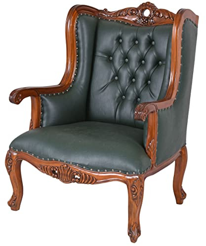 PALAZZO INT Bibliothek Ohrensessel „Sherlock Holmes“ Chesterfield Sessel Mahagoni grün Kunstleder Handarbeit 104x74x60 cm Nostalgischer Kaminsessel englischer Stil Reproduktion antik