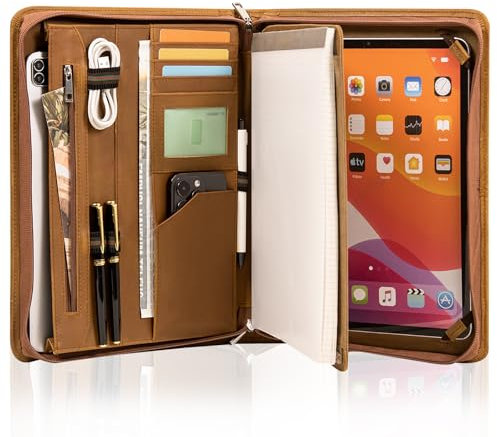 Calfinder Konferenzmappe A4 Leder, A4 Dokumentenmappe mit Klemmbrett, Ledermappe，Business Organizer/Arbeitsmappe mit Reißverschluss, Tablet-Tasche für iPad Pro 12.9 (2018/2020/2021), Braun
