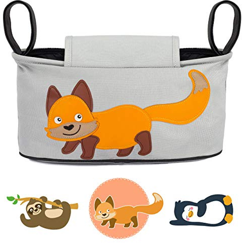 GLÜCKSWOLKE Kinderwagen Organizer - Kinderwagentasche - Fuchs I Grau | 12 Motive Auswahl I Kinder Buggy Organizer mit Feuchttuchspender I Baby Zubehör - Geschenk zur Geburt für Mädchen & Jungen