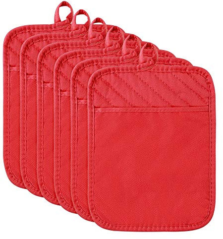 R HORSE 6Pcs Christmas Red Pot Holders with Pocket for Kitchen Cotton Pocket Pot Holder Set Heat Resistant Potholder Terry Coaster Oven Mitts Hot Pads Trivet for Baking Cooking 7''x9''