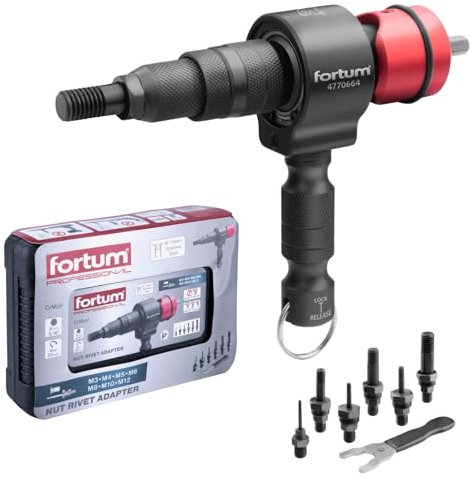 Fortum Accessorio per dado rivetto per avvitatrice a batteria e trapano I Rivettatrice per dadi in alluminio, acciaio e acciaio inox I Per rivetti ciechi con inserti M3-M12 I Adattatore