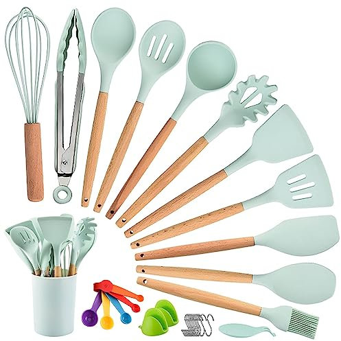 Küchenhelfer Set, Silikon-Kochgeschirr 33 Stück, hitzebeständiges Küchenset mit Holzgriffen Spachtel,Leicht zu reinigendes Antihaft-Kochgeschirr.Geeignet für Küchenanfänger und Profis(Grün)
