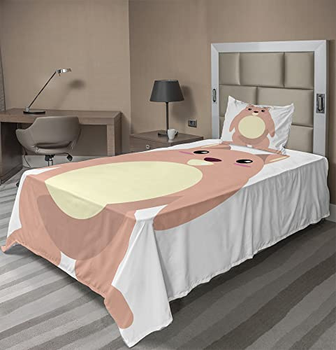 Ambesonne Anime Sheet Set, Beaver Cartoon in Kawaii Style Funny Character for, Fitted and Flat Sheet with Pillowcase Bedding Accent 3 Piece Set, Twin, Pale Coral and Cream