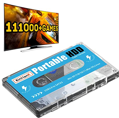 Kinhank 500G Portable External Game Hard Drive Disk, Built-in 111000+ Games, Batocera 33 Game System, Compatible with PS3/PS2/PSP/SEGA SETURN/DC, for Laptop/PC/Windows/Mac OS, 2 Gamepads (No Gamepad)