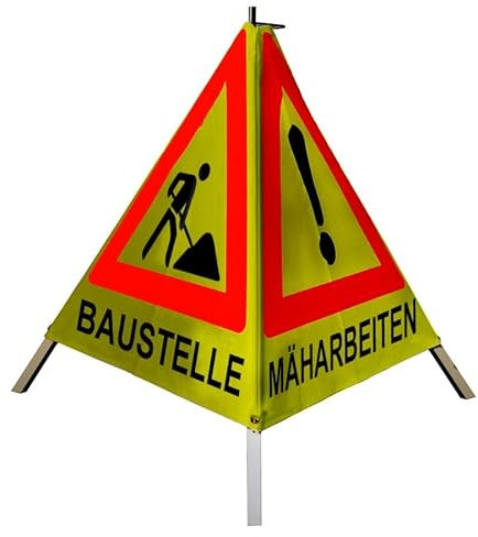 Warnpyramide/Faltsignal BAUMFÄLLUNG MÄHARBEITEN(VZ101) BAUSTELLE(VZ12), 90cm schwer, gelb-retro