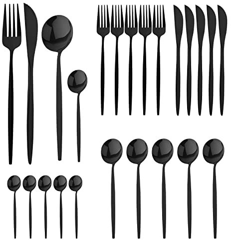 24 Pezzi Set Posate Nere Opache Acciaio Inox 6 Persone con Forchette Cucchiaini Caffe Cucchiaio Lavabili In Lavastoviglie Lucidate a Specchio | Nero