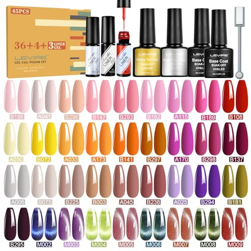 LEVIPE 44Pcs Vernis Semi Permanent Gel UV LED , 36 Couleurs + 2 Base ＋1 Top Coat Brillant ＋1 Top Coat Matte ＋3 Liner Gel Nail Art, Noir, Blanc, Rouge ＋1 Bande Magnétique œil de Chat, 8ML