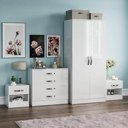 Vida designs 4 Piece High Gloss Bedroom Furniture Set, Wardrobe, 4 Drawer chest of Drawer & 2 x Bedside Cabinets (White)
