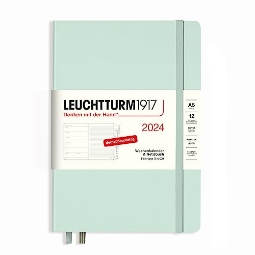 LEUCHTTURM1917 367708 Wochenkalender & Notizbuch Medium (A5) 2024, mit Extraheft für Adressen und Jahrestage, Mint Green, Deutsch, 12 Monate
