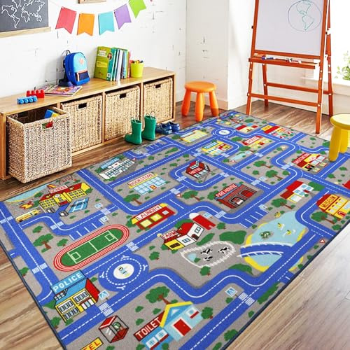 Capslpad Blue Car Road Kid Rug Carpet Playmat for Playoom Traffic Road Kids Play Mat for Toddler Non Slip Washable City Map Race Track Carpet Rug for Kids Room Bedroom Nursery Room Decor,5'x 6'6