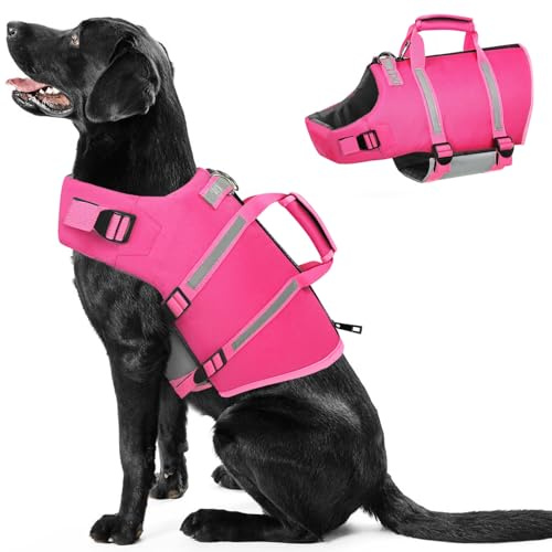 PUZAUKAL Giubbotto Salvagente Cane Ripstop Salvagente per Cani con Manico e Strisce Riflettenti Giubbotto di Salvataggio per Cani regolabile con Buona Galleggiabilità per Nuoto,Spiaggia,Rosa-M