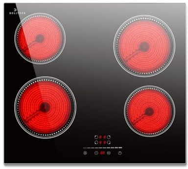 DELITEER Ceramic Hob 4 Zones, Electric Ceramic Hob 6000W, Built-in Electric Hob, 59cm Ceramic Cooktop, Slider Touch Control, Safety Lock, Timer, 9 Power Level, 230V, No Plug
