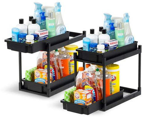 IRIS USA 2-Tier Under Sink Organizer, 2 Pack, Storage with Sliding Drawers - Versatile Solution for Office, Kitchen or Bathroom - Black