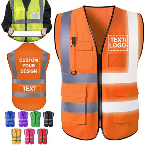 ShAxzHen Gilet de sécurité personnalisé pour homme et femme avec poches logo, vêtements de travail haute visibilité personnalisés avec bande réfléchissante