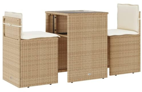 vidaXL Bistro Set 3-TLG., Balkonset mit Kissen, Sitzgruppe für Garten Terrasse Balkon, Gartenmöbel Gartengarnitur, Beige Poly Rattan
