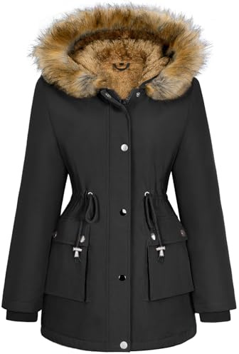 Lonya Manteau Femme Hiver Parka - Veste Polaire Imperméables Manteau à Capuche Zippé Chaud Blouson Doublure en Peluche Fausse Fourrure Parka Jacket Hooded Outercoat avec Poches, Noir, L