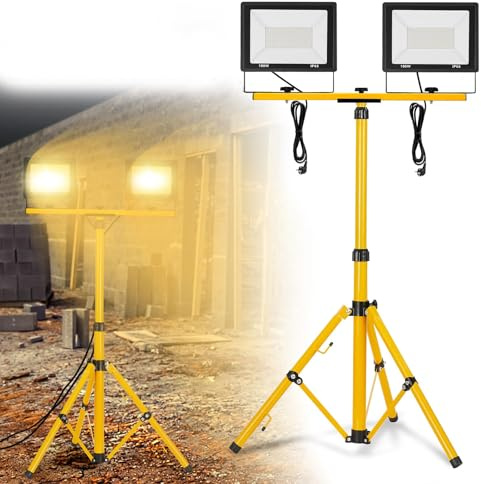 FIVMEN Baustrahler 2x100W 8500LM LED Strahler Arbeitsleuchte mit Stativ und 3m Kabel Stecker Baulampe Flutlicht Wasserdicht IP66 für Garage Werkstatt Baustelle, Warmweiß