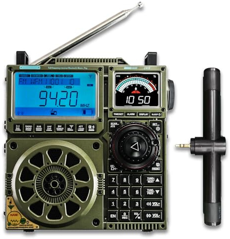 EXMAX Multi-band FM MW SW LW VHF UHF AIR CB WB SSB Radio. Bluetooth,TF card,20W speaker,APP control,Dual display,5000mAH battery,Sleep time ＆ alarm clock,Support external antenna.ES-C919 Radio (green)