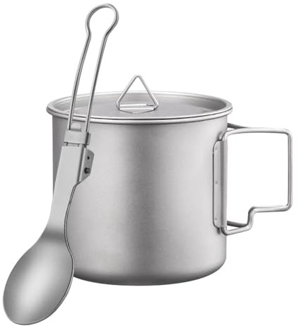 DONGKER Set Pentole da Campeggio, Pentola e Cucchiaio in Titanio con Coperchio e Manico Pieghevole per Picnic Escursioni Pesca Barbecue All'aperto