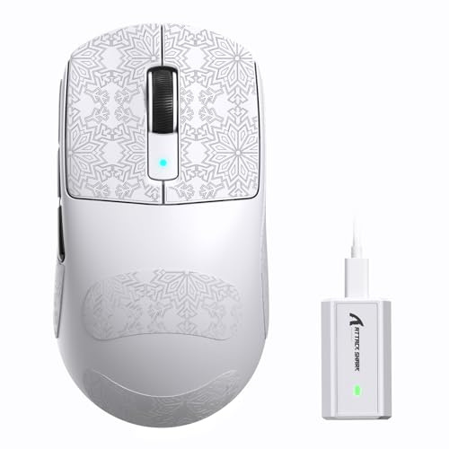ATTACK SHARK R6 Kabellose 8-kHz-Gaming-Maus, SUPERLEICHT 39g, Nordic 52840 MCU, PixArt PAW3950MAX-Sensor, BT/2,4 G/kabelgebunden, 6 einstellbare DPI bis zu 42000, 250-mAh-Akku, PC/Mac (weiß + Band)