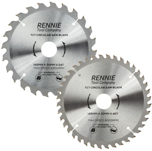 Rennie Tool 2pc 185mm x 30mm Bore x 24T & 40T TCT Circular Saw Blades | For Bosch Makita Dewalt Circular Saws Etc. Includes 25mm 20mm & 16mm Bore Reduction Rings. 24 & 40 Teeth Wood Saw Blades