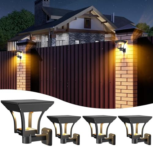 Solar Wall Lights Outdoor, 4 Pack Solar Fence Lights 4 Lighting Modes IP65 Waterproof Dusk to Dawn LED Outdoor Solar Powered Wall Lamps for Fence Porch Garage Patio Yard Garden Decor