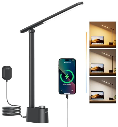 Honeywell H01 LED Schreibtischlampe, Schwarze Schreibtischlampen für Büro | Faltbare LED-Schreibtischlampe mit USB-C/A-Ladung, RG0, CRI95, stufenlose Dimmung 10-100%, 3 Farbtemp. (3000K-5000K).