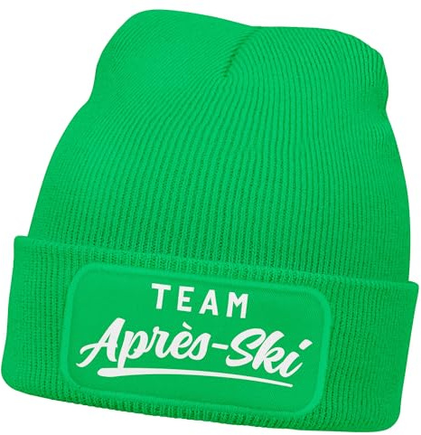 MoonWorks® Damen Beanie Patch Skifahren Strickmütze mit Spruch Team Après Ski Aufdruck Lustig Damenmütze