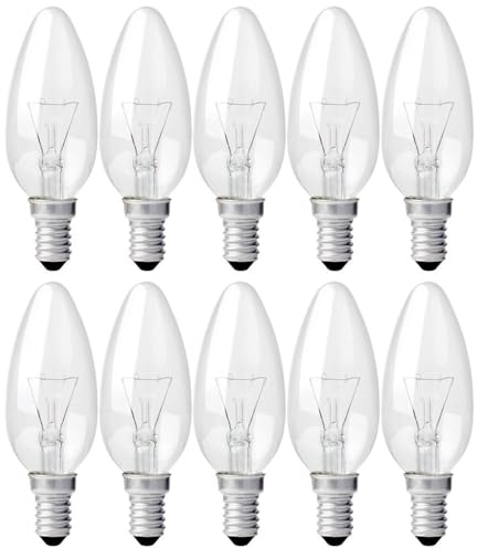 NCC-Licht 10 Stück Kerzenlampe C35 klar E14 40W warmweiß dimmbar 230V | Leuchtmittel aus klarem Glas, dimmbar, mit E14-Sockel, gemütliches Licht ideal für Kronleuchter