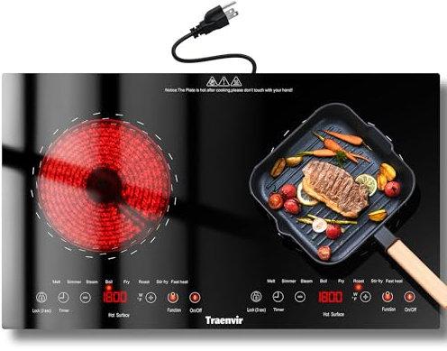 Traenvir 2 Burner Electric Cooktop, 24 Inch Countertop & Built-in Electric Stove 2000W, Portable Double Burner Ceramic Cooktop, Child Safety Lock, Timer, 8 Power Levels, 110V-120V Plug in